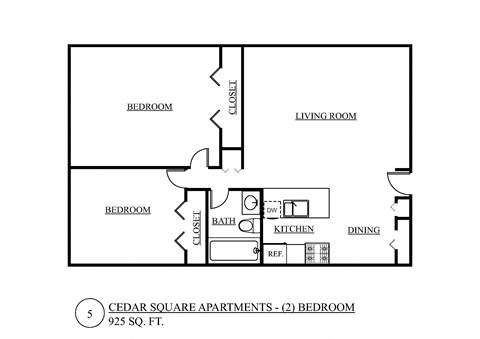 Floor plan for 2 beds, 1 bath, 925 sqft